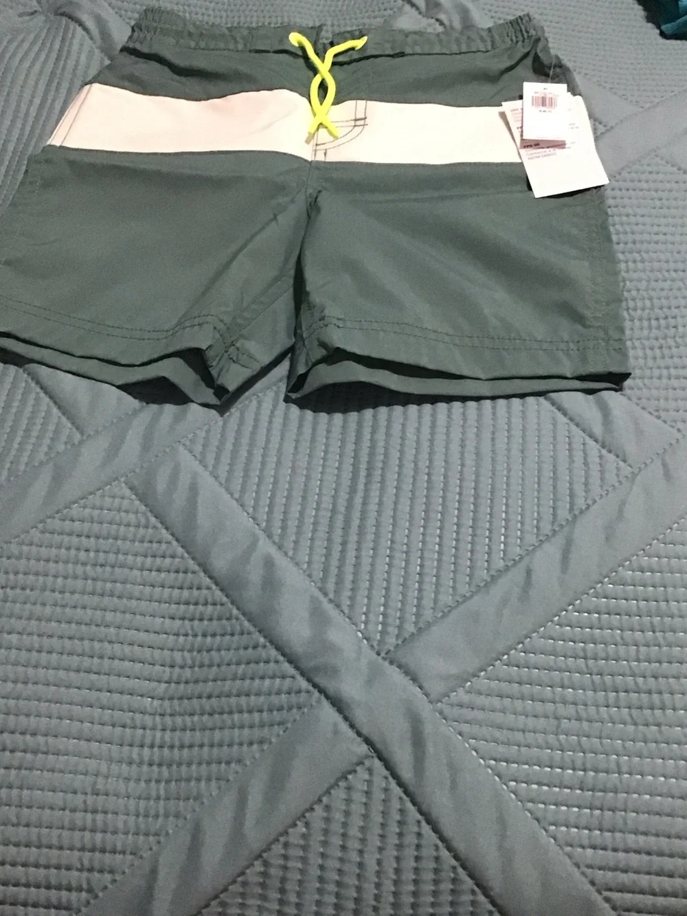 Old Navy Boys 1 Teal and 1 Green Swim Shorts with Neon Drawcord